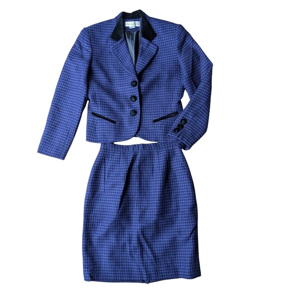 Vintage Christian Dior Houndstooth Wool Skirt Suit Velvet Trim Purple Black Sz 8 - Picture 1 of 16